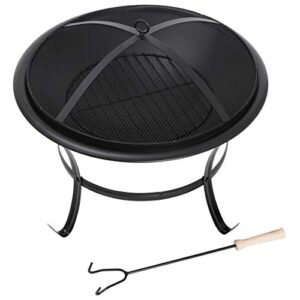 F2C 22" Fire Pit Outdoor Wood Burning BBQ Grill Steel Firepit with Mesh Spark Screen Cover Lid Log Grate Fire Poker for Patio Backyard Garden Camping Traveling Picnic Bonfire