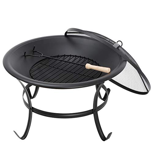 F2C 22" Fire Pit Outdoor Wood Burning BBQ Grill Steel Firepit with Mesh Spark Screen Cover Lid Log Grate Fire Poker for Patio Backyard Garden Camping Traveling Picnic Bonfire