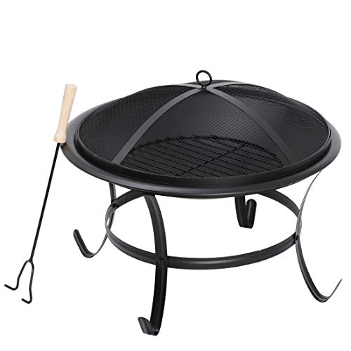 F2C 22" Fire Pit Outdoor Wood Burning BBQ Grill Steel Firepit with Mesh Spark Screen Cover Lid Log Grate Fire Poker for Patio Backyard Garden Camping Traveling Picnic Bonfire