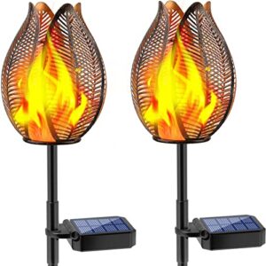 tomcare solar lights outdoor flickering flame solar garden lights metal flower lights with stake solar powered decorative solar pathway lights waterproof garden decor for outside yard patio, 2 pack