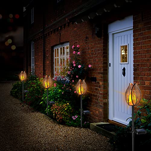 TomCare Solar Lights Outdoor Flickering Flame Solar Garden Lights Metal Flower Lights with Stake Solar Powered Decorative Solar Pathway Lights Waterproof Garden Decor for Outside Yard Patio, 2 Pack