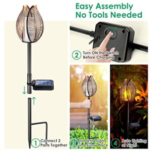 TomCare Solar Lights Outdoor Flickering Flame Solar Garden Lights Metal Flower Lights with Stake Solar Powered Decorative Solar Pathway Lights Waterproof Garden Decor for Outside Yard Patio, 2 Pack