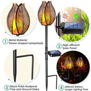 TomCare Solar Lights Outdoor Flickering Flame Solar Garden Lights Metal Flower Lights with Stake Solar Powered Decorative Solar Pathway Lights Waterproof Garden Decor for Outside Yard Patio, 2 Pack