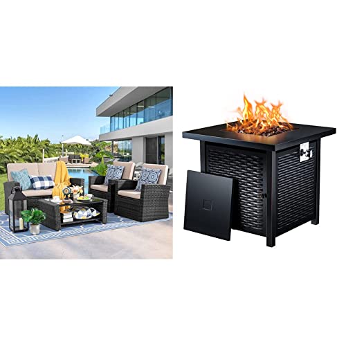 Shintenchi 4-Piece Outdoor Patio Furniture Set, Black & Ciays Propane Fire Pits 28 Inch Outdoor Gas Fire Pit, 50,000 BTU Steel Fire Table with Lid and Lava Rock, Black