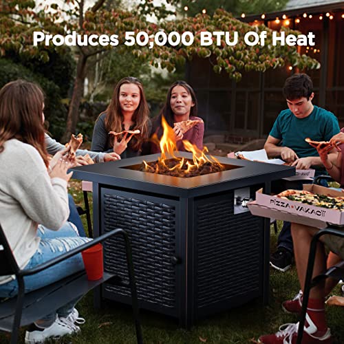 Shintenchi 4-Piece Outdoor Patio Furniture Set, Black & Ciays Propane Fire Pits 28 Inch Outdoor Gas Fire Pit, 50,000 BTU Steel Fire Table with Lid and Lava Rock, Black