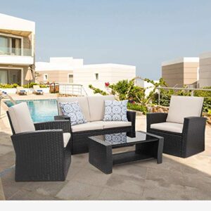 Shintenchi 4-Piece Outdoor Patio Furniture Set, Black & Ciays Propane Fire Pits 28 Inch Outdoor Gas Fire Pit, 50,000 BTU Steel Fire Table with Lid and Lava Rock, Black