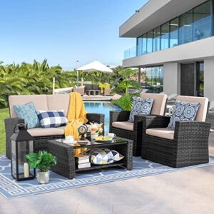 Shintenchi 4-Piece Outdoor Patio Furniture Set, Black & Ciays Propane Fire Pits 28 Inch Outdoor Gas Fire Pit, 50,000 BTU Steel Fire Table with Lid and Lava Rock, Black