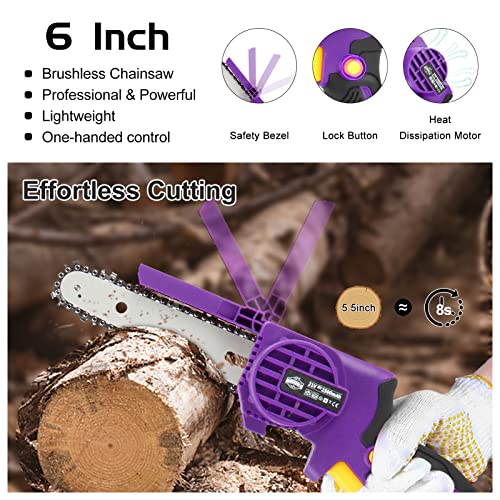 Brushless Mini Chainsaw, 6-Inch Coldless Chainsaw Battery Powered Chainsaw, Small Chainsaw with Security Lock, One- Hand Handheld Electric Chainsaw for Tree Trimming and Branch Pruning Wood Cutting