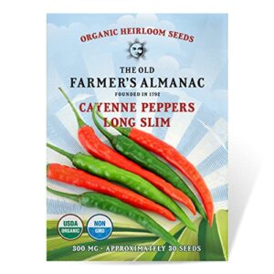 the old farmer’s almanac organic cayenne pepper seeds (long slim) – approx 30 seeds – certified organic, non-gmo, open pollinated, heirloom