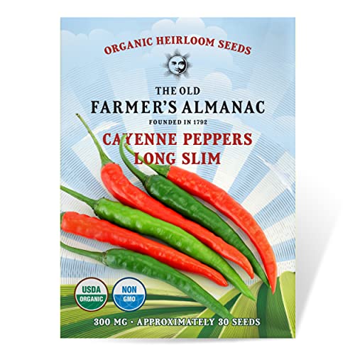 The Old Farmer's Almanac Organic Cayenne Pepper Seeds (Long Slim) - Approx 30 Seeds - Certified Organic, Non-GMO, Open Pollinated, Heirloom