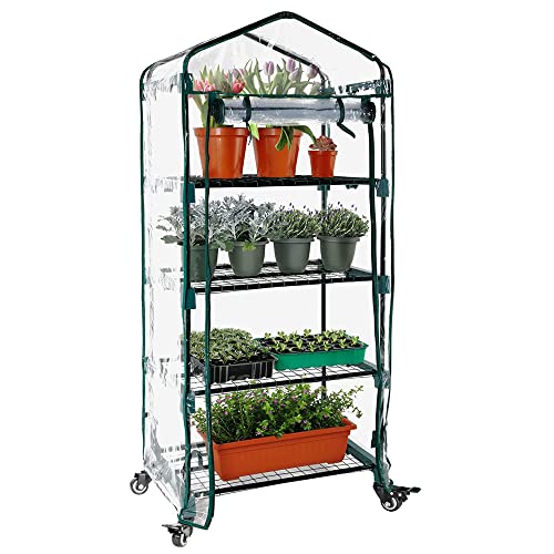 Worth Garden Upgraded 4 Tier Mini Greenhouse w/Castors Wheels - Portable Small Gardening Green House w/Clear PVC Cover - Heavy Duty Swivel Castors w/Brakes - 65''H x 27''L x 19''W Indoor & Outdoor