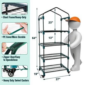 Worth Garden Upgraded 4 Tier Mini Greenhouse w/Castors Wheels - Portable Small Gardening Green House w/Clear PVC Cover - Heavy Duty Swivel Castors w/Brakes - 65''H x 27''L x 19''W Indoor & Outdoor