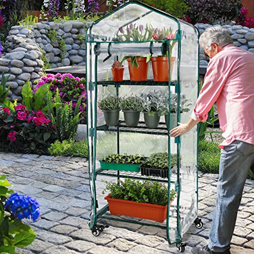 Worth Garden Upgraded 4 Tier Mini Greenhouse w/Castors Wheels - Portable Small Gardening Green House w/Clear PVC Cover - Heavy Duty Swivel Castors w/Brakes - 65''H x 27''L x 19''W Indoor & Outdoor