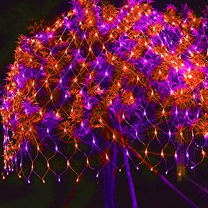 FUNPENY Halloween 360 LED Net Lights, 12ft x 5ft 8 Modes Waterproof Connectable Christmas Decorations for Outdoor Garden Party Decor (Purple Orange)