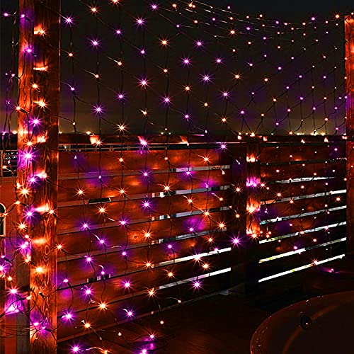 FUNPENY Halloween 360 LED Net Lights, 12ft x 5ft 8 Modes Waterproof Connectable Christmas Decorations for Outdoor Garden Party Decor (Purple Orange)