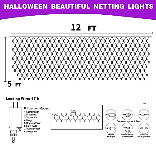 FUNPENY Halloween 360 LED Net Lights, 12ft x 5ft 8 Modes Waterproof Connectable Christmas Decorations for Outdoor Garden Party Decor (Purple Orange)