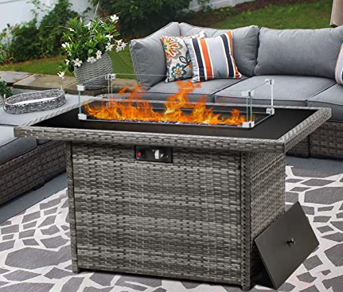 LayinSun 44" Propane Gas Fire Pit Table, 55000 BTU Rectangular Fire Pit with Glass Wind Guard for Outside Patio Deck Garden Backyard