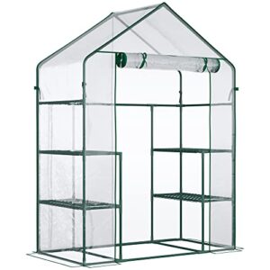 outsunny 56″ x 29″ x 77″ outdoor walk-in greenhouse garden hot house with 3-tier shelving, roll-up door & weather cover