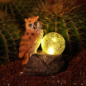 CORIETTA Solar Garden Statue Outdoor Decor,Owl Standing On The Stone,Beside A Cracked Glass Ball with Warm Light,Polyresin Statue for Patio, Lawn, Yard Art Decoration, Housewarming Garden Gift