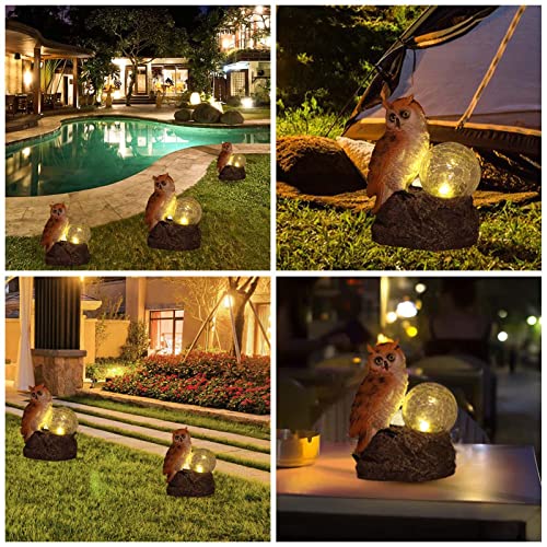 CORIETTA Solar Garden Statue Outdoor Decor,Owl Standing On The Stone,Beside A Cracked Glass Ball with Warm Light,Polyresin Statue for Patio, Lawn, Yard Art Decoration, Housewarming Garden Gift