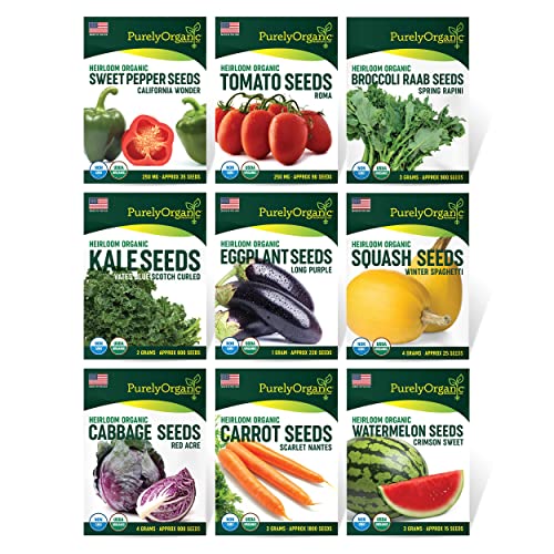 Purely Organic Products Vegetable Garden Starter Kit (Over 3500 Open Pollinated, Organic, Non-GMO, Heirloom Seeds) Cucumber, Watermelon, Onion, Eggplant, Snap Pea, Sweet Pepper, Carrot & Spring Onion