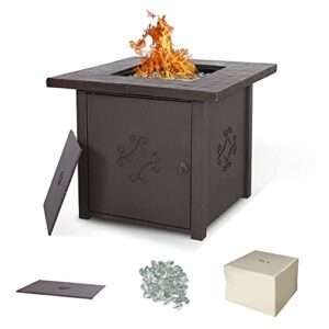 nuu garden 30-inch propane fire pit table, 40,000 btu steel fire table for outside with lid and fire glass beads and cover for parties, patio, backyard, brown