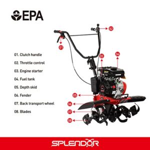 SPLENDOR 4-Cycle Gas Powered Tiller 79cc with Handle and Width Adjustable 24in
