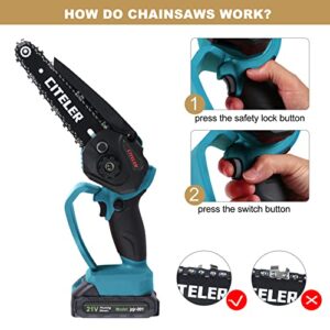 CITELER Mini Chainsaw 6-Inch, Cordless Power Chain Saws with 2 Batteries, Portable Handheld Small Chainsaw for Tree Trimming Branch Wood Cutting