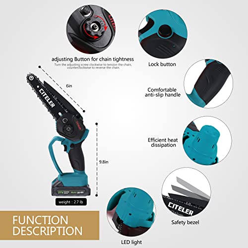 CITELER Mini Chainsaw 6-Inch, Cordless Power Chain Saws with 2 Batteries, Portable Handheld Small Chainsaw for Tree Trimming Branch Wood Cutting