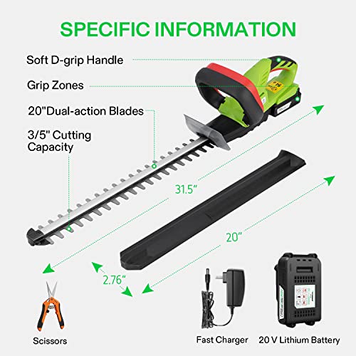 VIVOSUN 20" Cordless Hedge Trimmer, 20V Electric Bush Trimmer, 1400 RPM Shrub Trimmer, Dual-Action Laser Blade, 3/5" Cutting Capacity, Lightweight & Compact Trimmer, Battery and Fast Charger Included