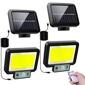 hd harudone motion sensor solar lights for indoor or outside, 2 pack bright cob led with remote control, 3 mode, waterproof wired security solar powered flood lights for yard, garage, garden, shed