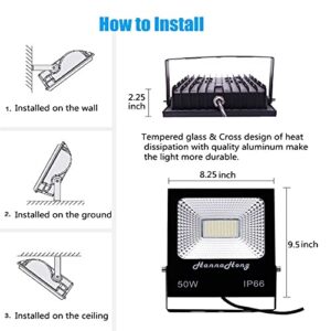 HANNAHONG 50W LED Flood Light Plug in with Switch,6000LM Cool White,Bright Security/Work/Plant Grow Outdoor Light,IP66 Waterproof,Reflector Exteriore Spotlight for Porch, Garage,Patio,Yard,Garden