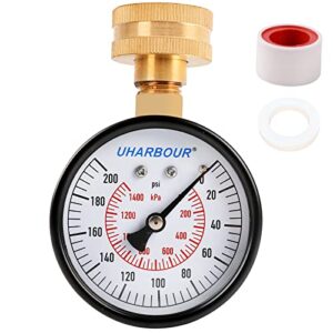 uharbour water pressure gauge 200psi, 2-1/2″ dial,steel case, brass inside construction, standard female 3/4″npt rear connection for garden hose thread.…