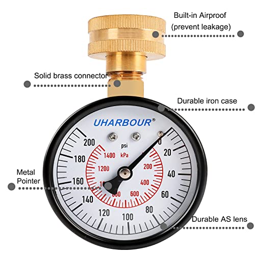 UHARBOUR Water Pressure Gauge 200psi, 2-1/2" Dial,Steel case, Brass Inside Construction, Standard Female 3/4"NPT Rear Connection for Garden Hose Thread.…