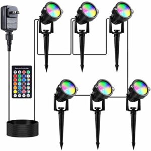 color changing spot lights with timer, outdoor 24w led landscape lighting ip65 waterproof spotlights colored dimmable remote staked outside christmas garden flag pathway decor uplights (6 in 1)