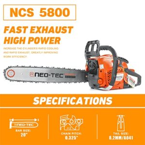 NEOTEC 20 Inch Chainsaw, 58CC Power Chain Saws Gas Powered 2 Stroke Handed Petrol Gasoline Chain Saw for Cutting Wood Outdoor Garden Farm Home