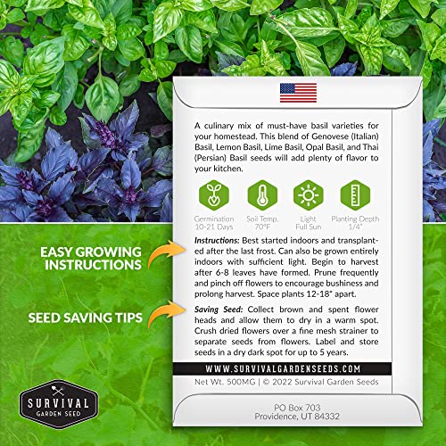 Survival Garden Seeds - Culinary Basil Mix - Packet with Instructions to Plant and Grow Genovese, Lemon, Lime, Opal & Thai Basil Herbs Your Home Vegetable Garden - Non-GMO Heirloom Varieties