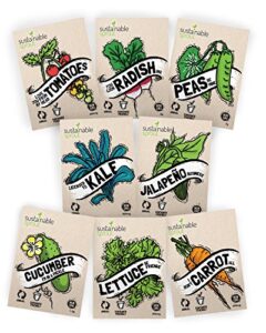 vegetable seeds for planting home garden 8-pack – garden seeds vegetable variety pack, heirloom vegetable seeds with carrot seeds, tomato, cucumber, lettuce, kale, radish, peas & jalapeno pepper