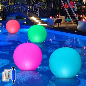 floating pool lights – 4pcs 14” solar pool lights for above ground pools with remote, inflatable wateproof rgb led ball light orb float or hang for garden backyard pool party decorations accessories