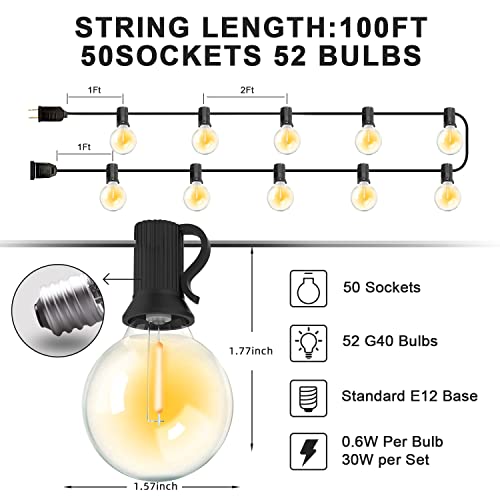 hyrion Globe Outdoor String Lights,100ft G40 Patio Lights with 15W E12 Socket Base,50 Edison Bulbs Waterproof led String Lights Outside for Backyard Balcony Garden Party Decor