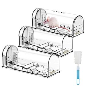humane mouse traps, catch & release, reusable rat traps, easy to set and safe for family and pets, no kill for small rodent/hamsters/moles, catcher that works for indoor/outdoor, 3 pack, transparent