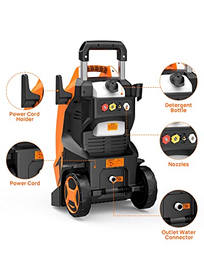 Electric Pressure Washer, ENGiNDOT 2100 PSI 1.8 GPM Electric Power Washer with 5 Spray Nozzles, Pressure Clean Machine with Total Stop System for Cleaning Stair, Car, Driveway, Garden, Deck, Fence