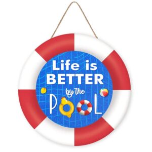 life is better by the pool sign, pool wooden hanging art sign, outdoor summer sign for garden backyard patio decor, indoor/outdoor novelty pool decor 12 x 12 inch
