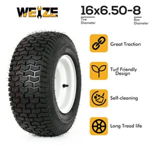 WEIZE 16x6.50-8 Lawn Mower Tires with Rim, 3" Offset Hub, 3/4" Bearing, 16x6.5-8 Tractor Turf Tire, 4 Ply Tubeless, 615lbs Capacity, Set of 2