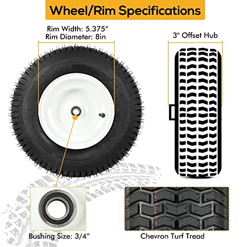 WEIZE 16x6.50-8 Lawn Mower Tires with Rim, 3" Offset Hub, 3/4" Bearing, 16x6.5-8 Tractor Turf Tire, 4 Ply Tubeless, 615lbs Capacity, Set of 2