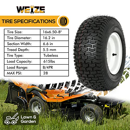 WEIZE 16x6.50-8 Lawn Mower Tires with Rim, 3" Offset Hub, 3/4" Bearing, 16x6.5-8 Tractor Turf Tire, 4 Ply Tubeless, 615lbs Capacity, Set of 2