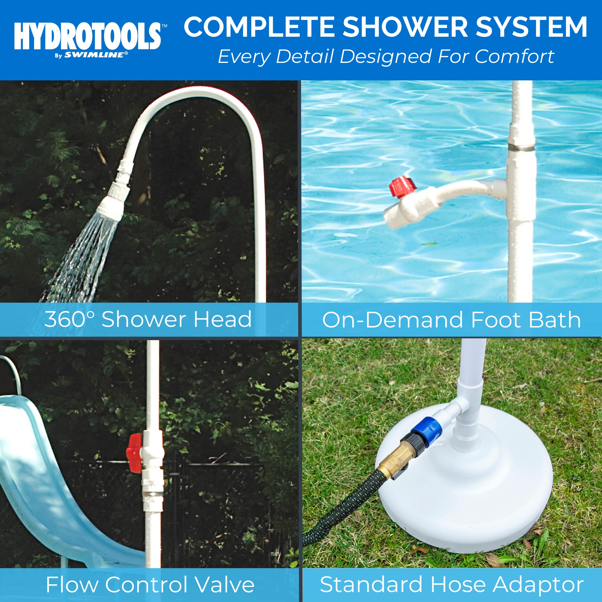 HYDROTOOLS By SWIMLINE Tube Style 7 Foot Poolside Shower, Adjustable Head & Foot Tap Spigot With Valve Controls, Standard Garden Hose, Environmentally Friendly, Outdoor Backyard Poolside Beach Spa