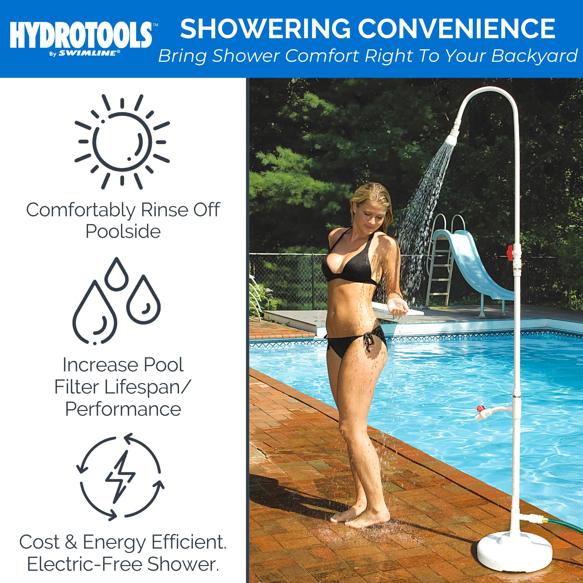 HYDROTOOLS By SWIMLINE Tube Style 7 Foot Poolside Shower, Adjustable Head & Foot Tap Spigot With Valve Controls, Standard Garden Hose, Environmentally Friendly, Outdoor Backyard Poolside Beach Spa