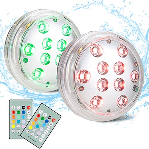 HONGUT Battery Operated Pond Lights, Waterproof Submersible LED Lights with RF Remote, 12 Colors Underwater Bathtub Shower Lights with Suction Cups for Pool, Pond Aquarium, Garden，Fish Tank, 2 Pack