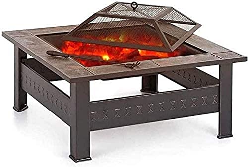 LEAYAN Garden Fire Pit Portable Grill Barbecue Rack Outdoor Fire Pit with BBQ Grill Shelf, Outdoor Metal Brazier Square Table Firepit Garden Patio Heater with Cover BBQ Cooking for Camping Backyard